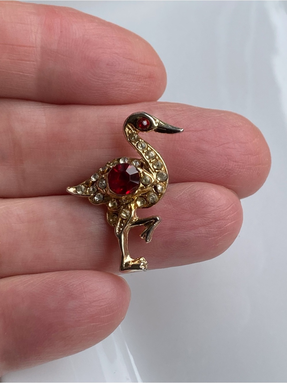 Vintage Gold Tone Flamingo Brooch with Red & Clear Rhinestone Accents 1” Tall